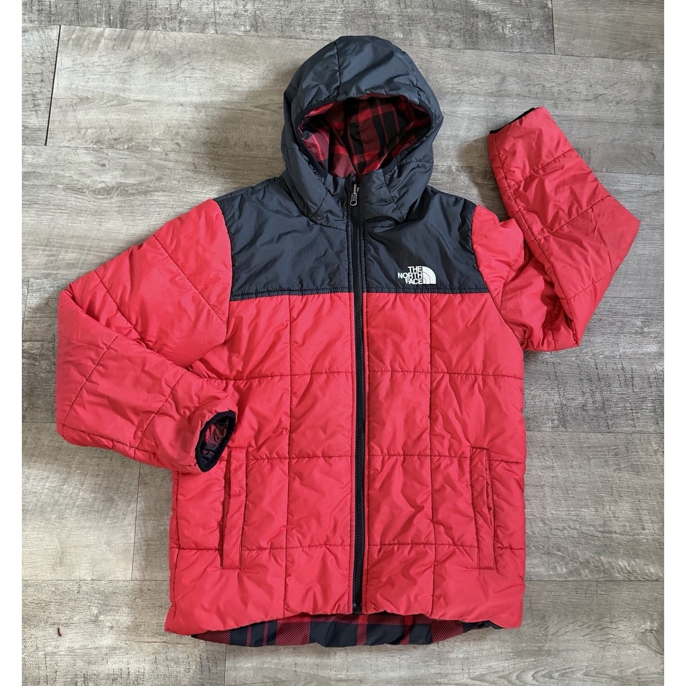 The North Face Red Black Plaid Reversible Boys Coat Jacket Large 14/16